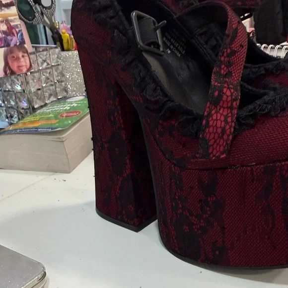 Dolls Kill Red and Black Lace Platform Heels - Picture 3 of 5